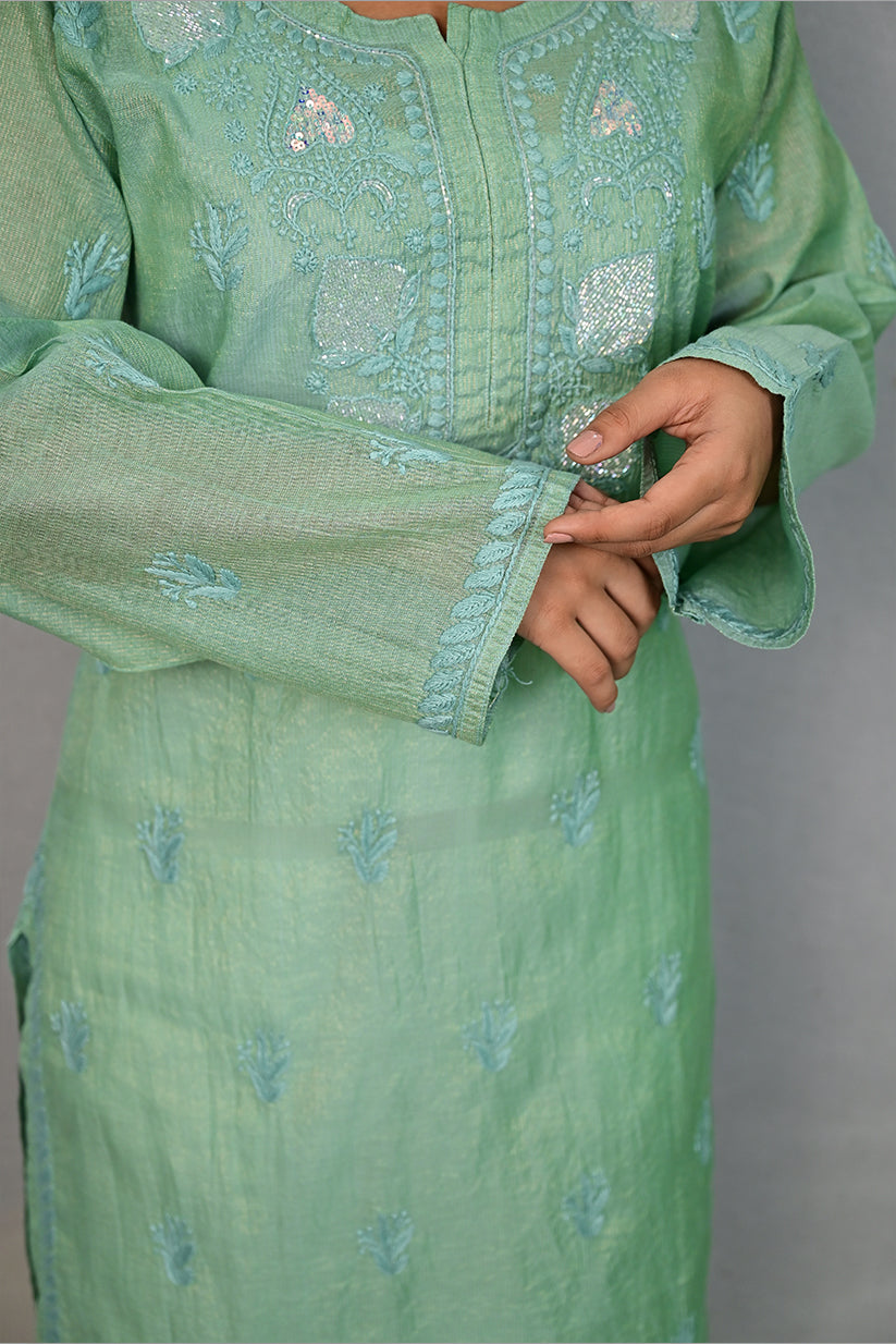 Almond Tissue Kurti with Cutdana and Sequence Work
