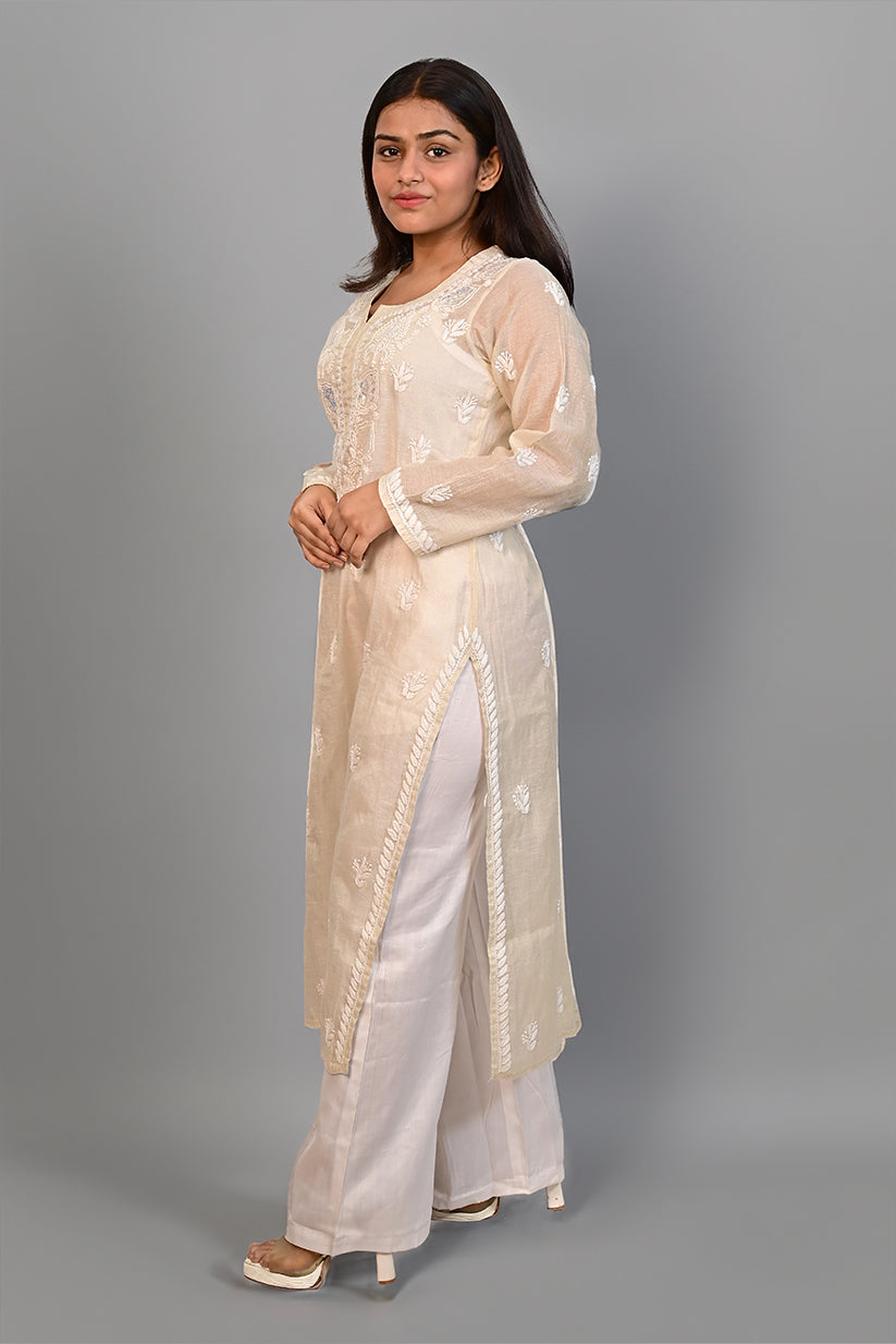 Dark Pastel Blue Chanderi Kurti With Ghaspati Work
