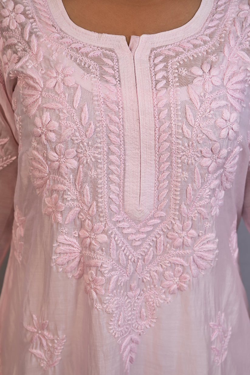 Queen Pink Chanderi Kurti With Ghaspati Work