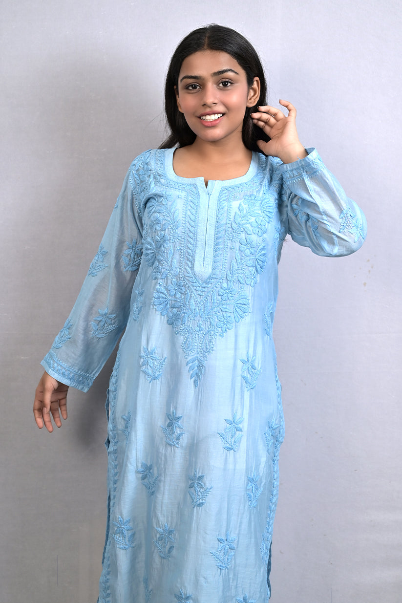 Dark Pastel Blue Chanderi Kurti With Ghaspati Work