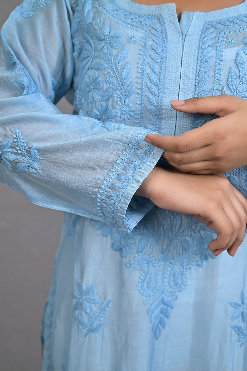 Dark Pastel Blue Chanderi Kurti With Ghaspati Work