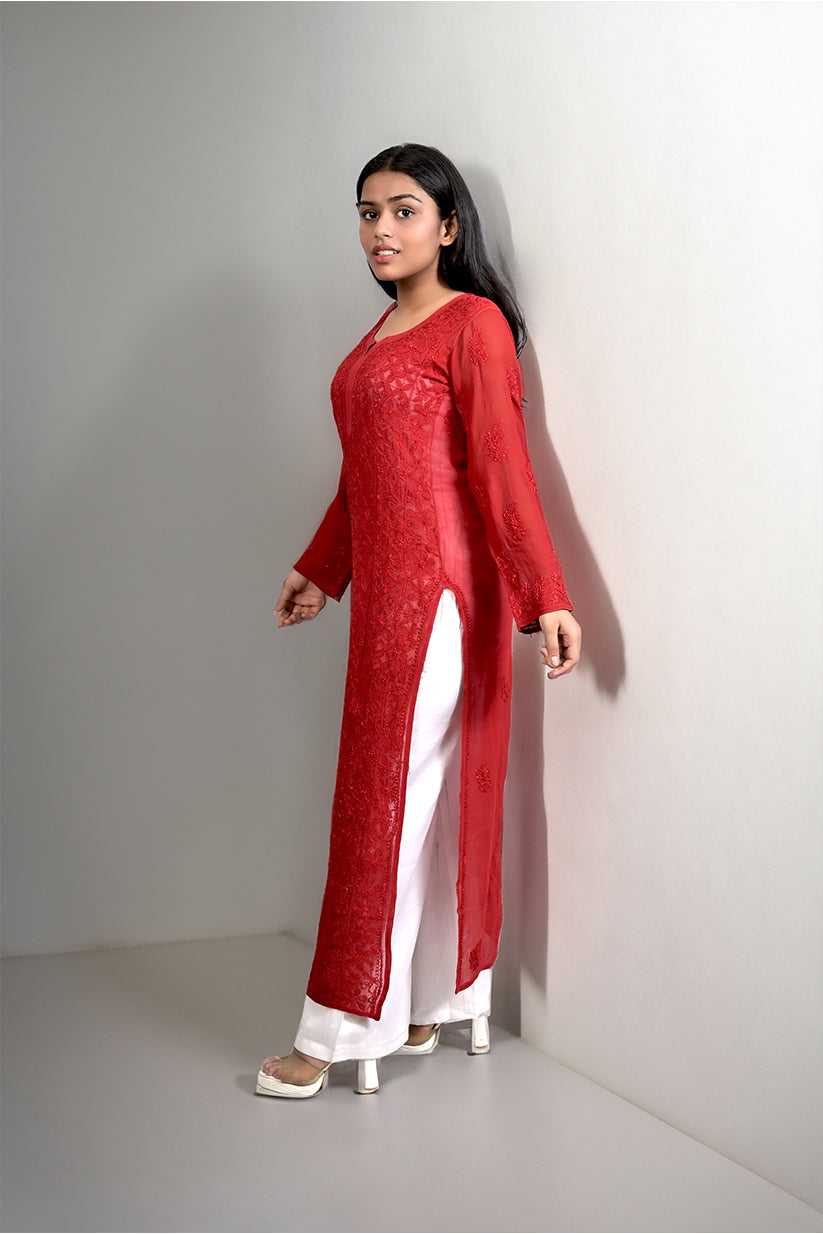 White Viscose Kurti with Resham Thread Jaal Work