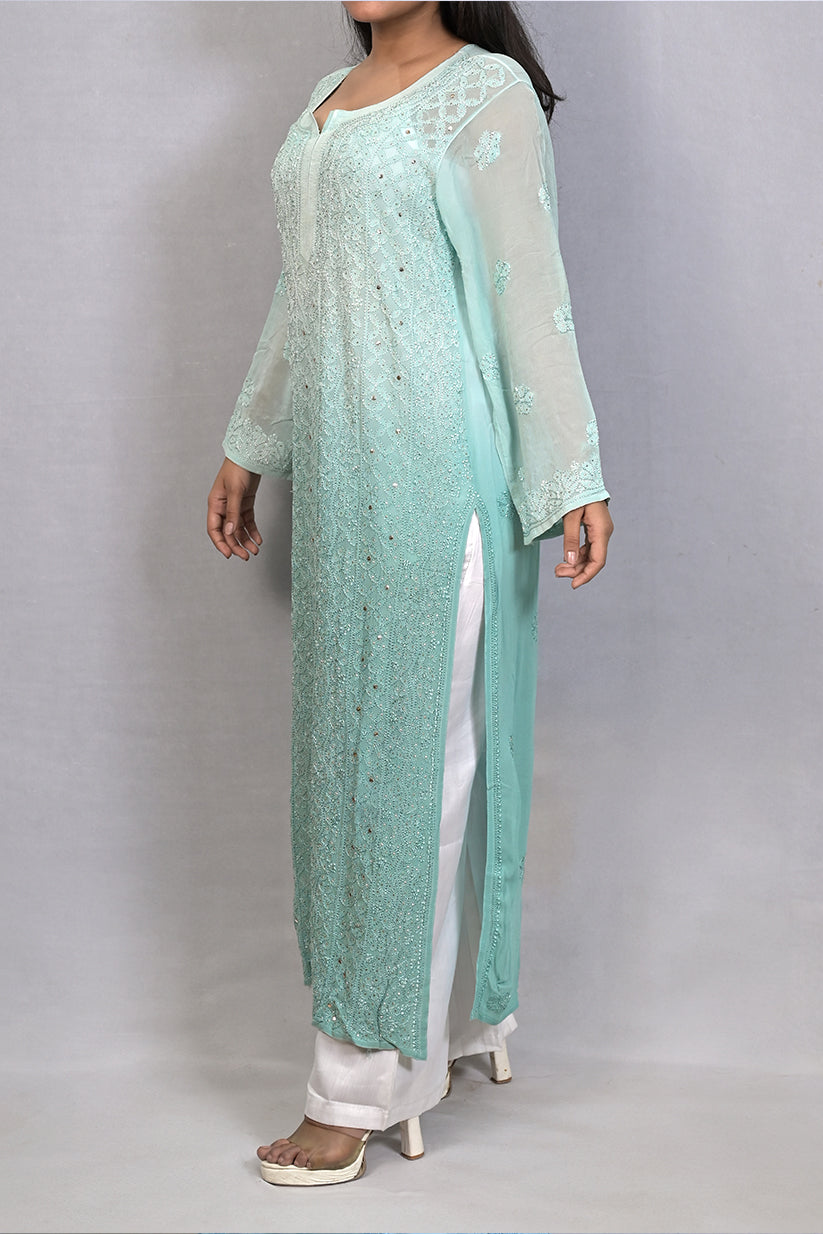 Shaded Classic Rose Pink Mukaish Viscose Kurti with Mukaish Resham Thread Jaal Work