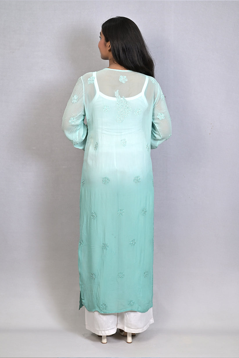 Shaded Classic Rose Pink Mukaish Viscose Kurti with Mukaish Resham Thread Jaal Work