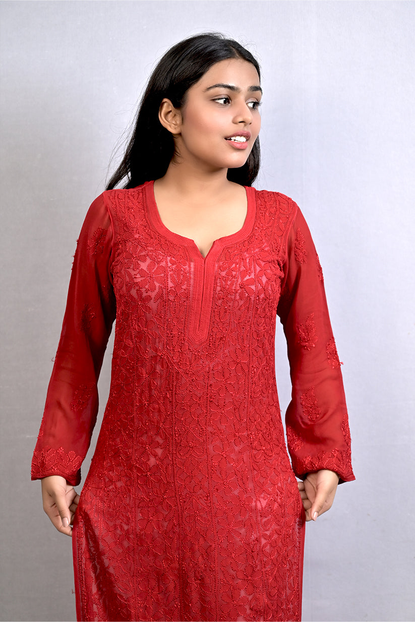 White Viscose Kurti with Resham Thread Jaal Work