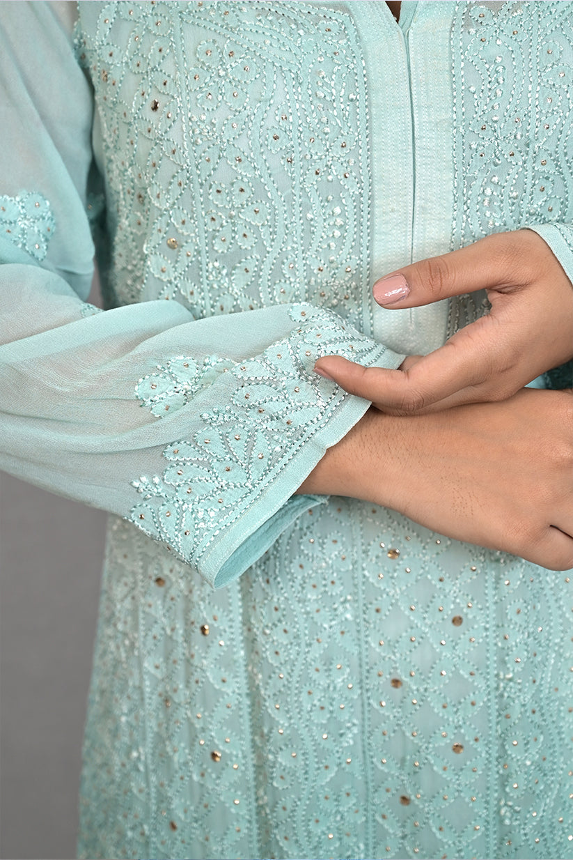 Shaded Classic Rose Pink Mukaish Viscose Kurti with Mukaish Resham Thread Jaal Work