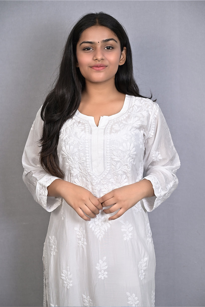 White Viscose Kurti with Resham Thread Jaal Work