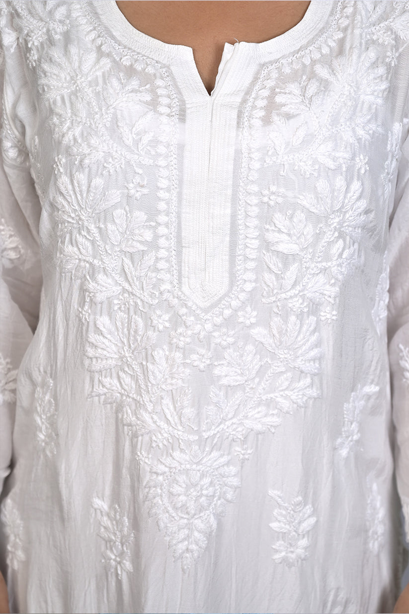 White Viscose Kurti with Resham Thread Jaal Work