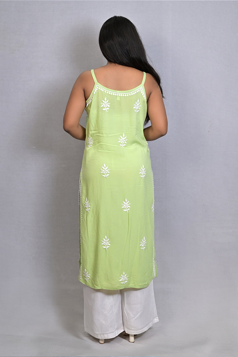 French Sky Blue Spaghetti Kurti with Ghas Pati Work