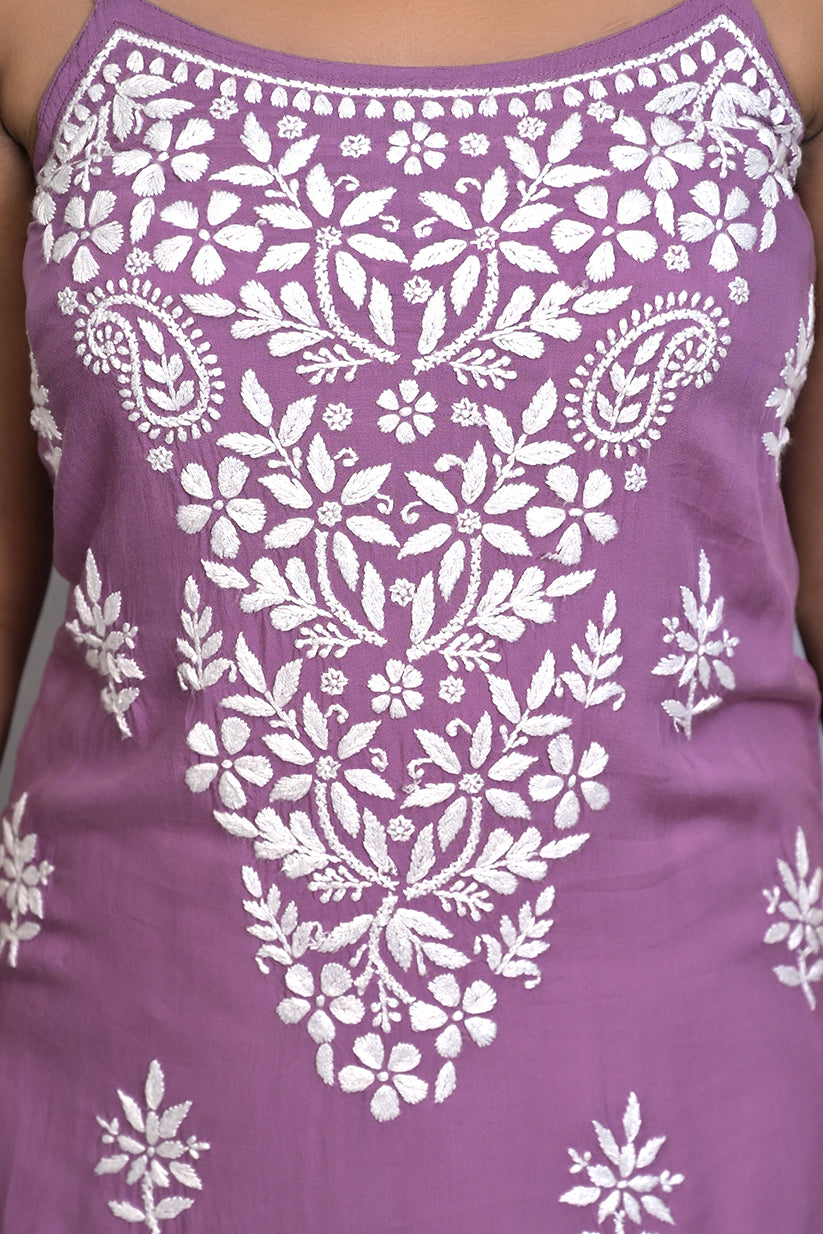 French Sky Blue Spaghetti Kurti with Ghas Pati Work