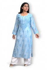 Dark Pastel Blue Chanderi Kurti With Ghaspati Work
