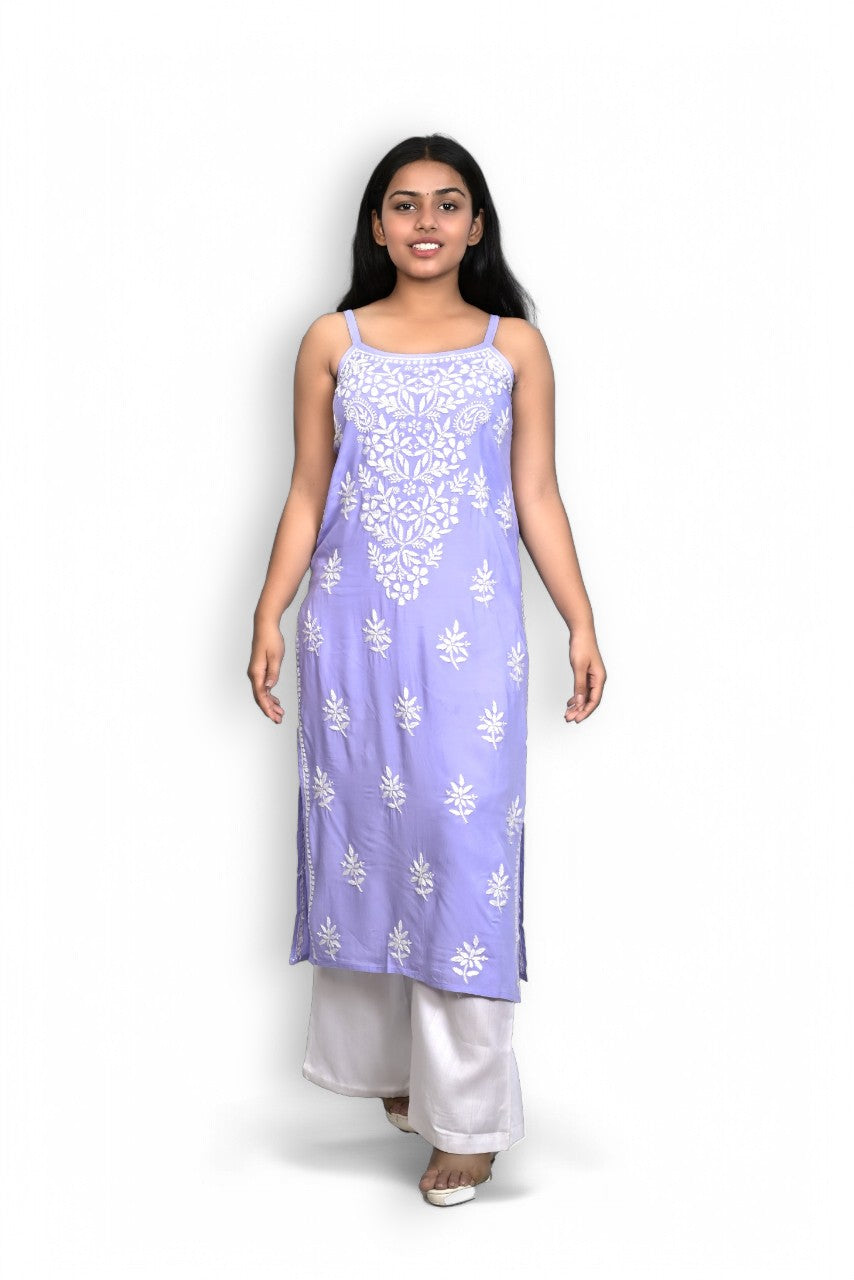 French Sky Blue Spaghetti Kurti with Ghas Pati Work