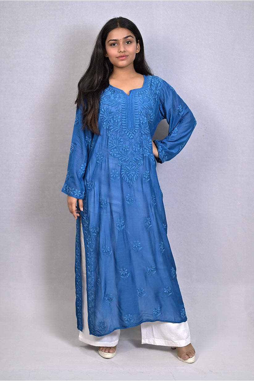White Muslin Kurti with Ghas Pati Work