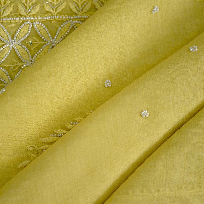 Maize Yellow Mal Chanderi Dupatta Set | Embroidery | Cutdana Work