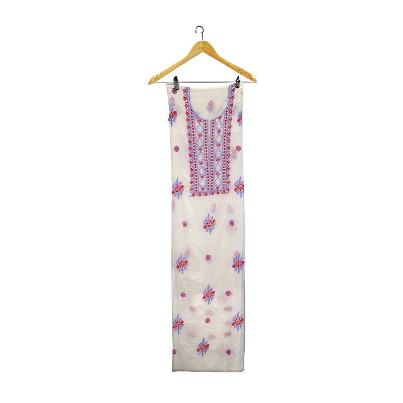 White & Brick Red Mal Chanderi Dress