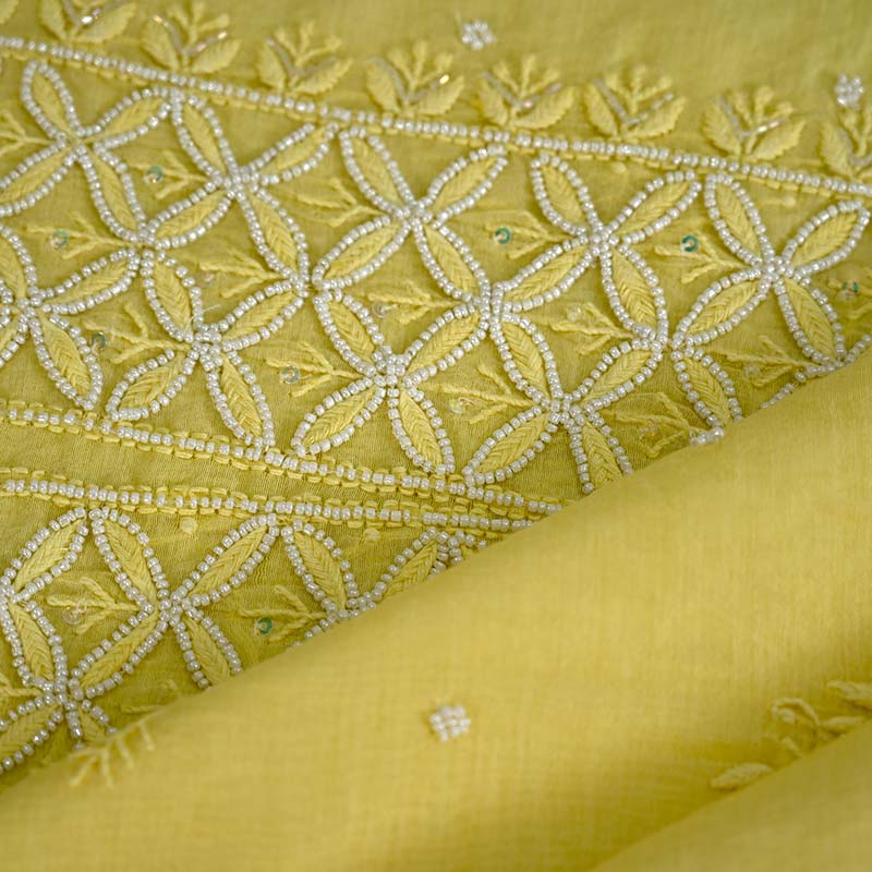 Maize Yellow Mal Chanderi Dupatta Set | Embroidery | Cutdana Work