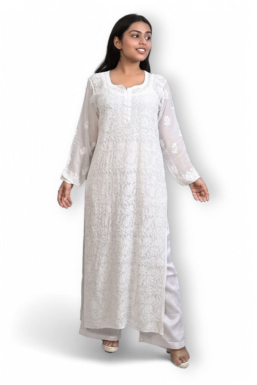 White Viscose Kurti with Resham Thread Jaal Work