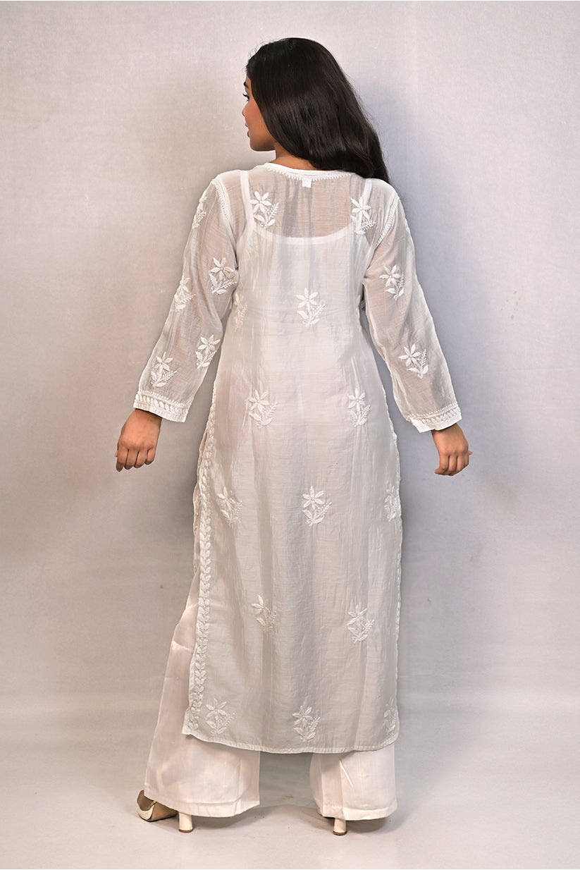 White Muslin Kurti with Ghas Pati Work