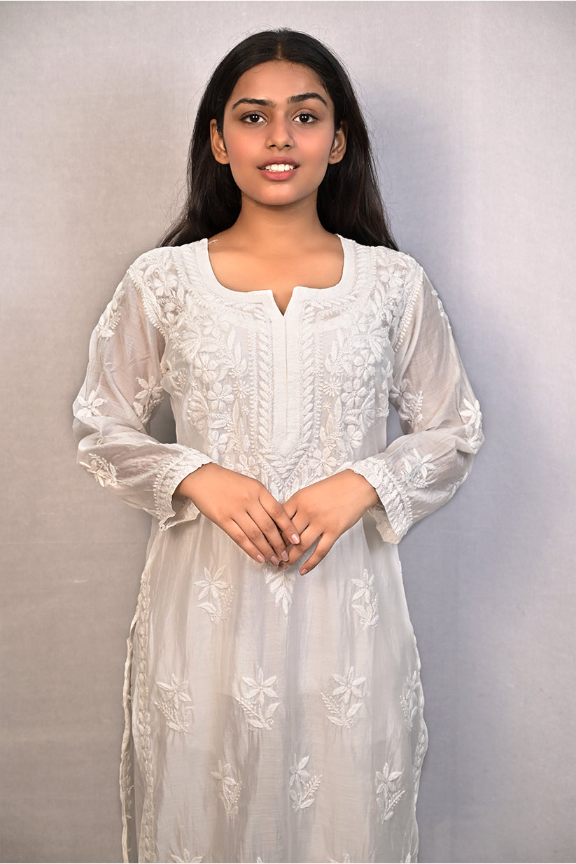 White Muslin Kurti with Ghas Pati Work