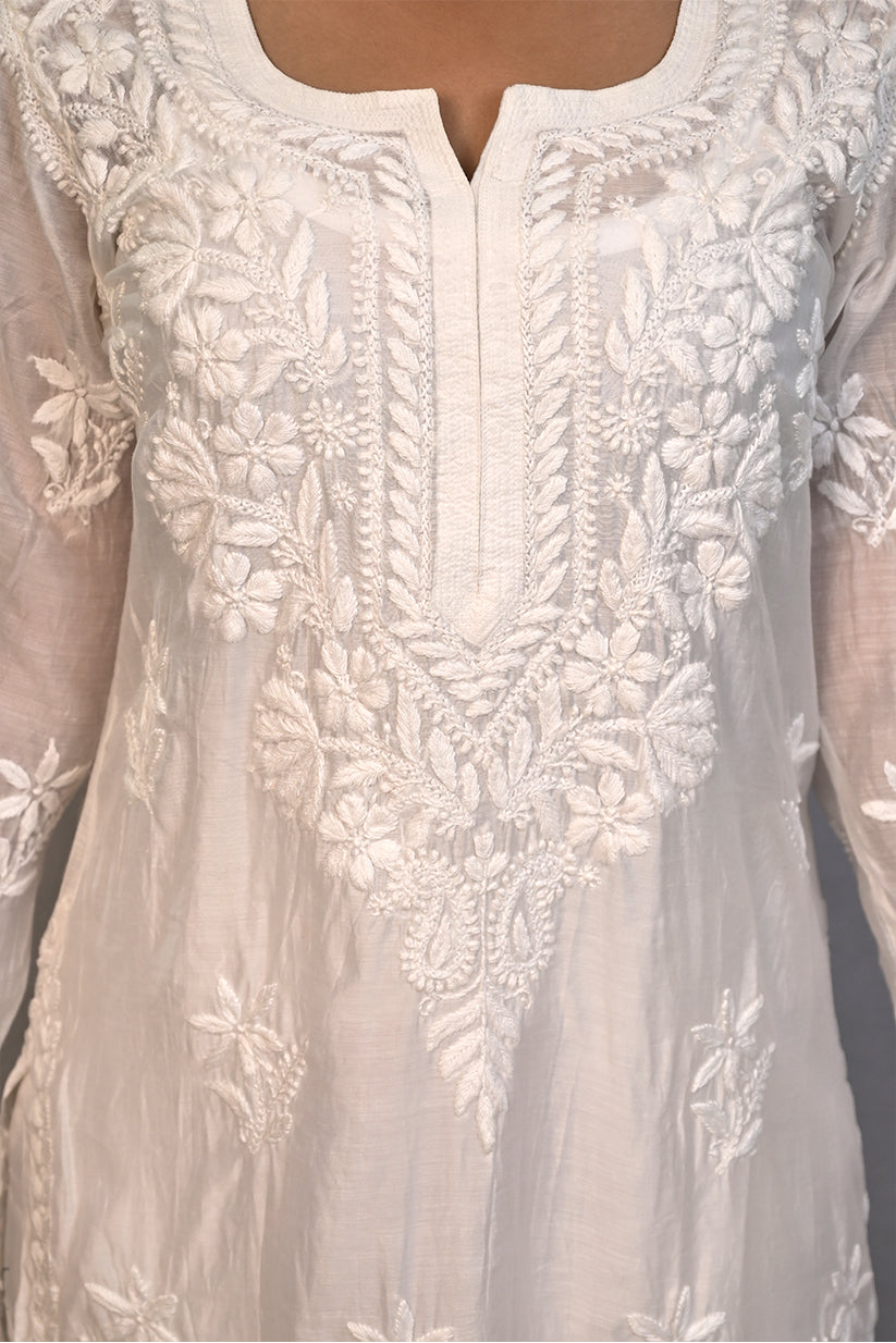 White Muslin Kurti with Ghas Pati Work