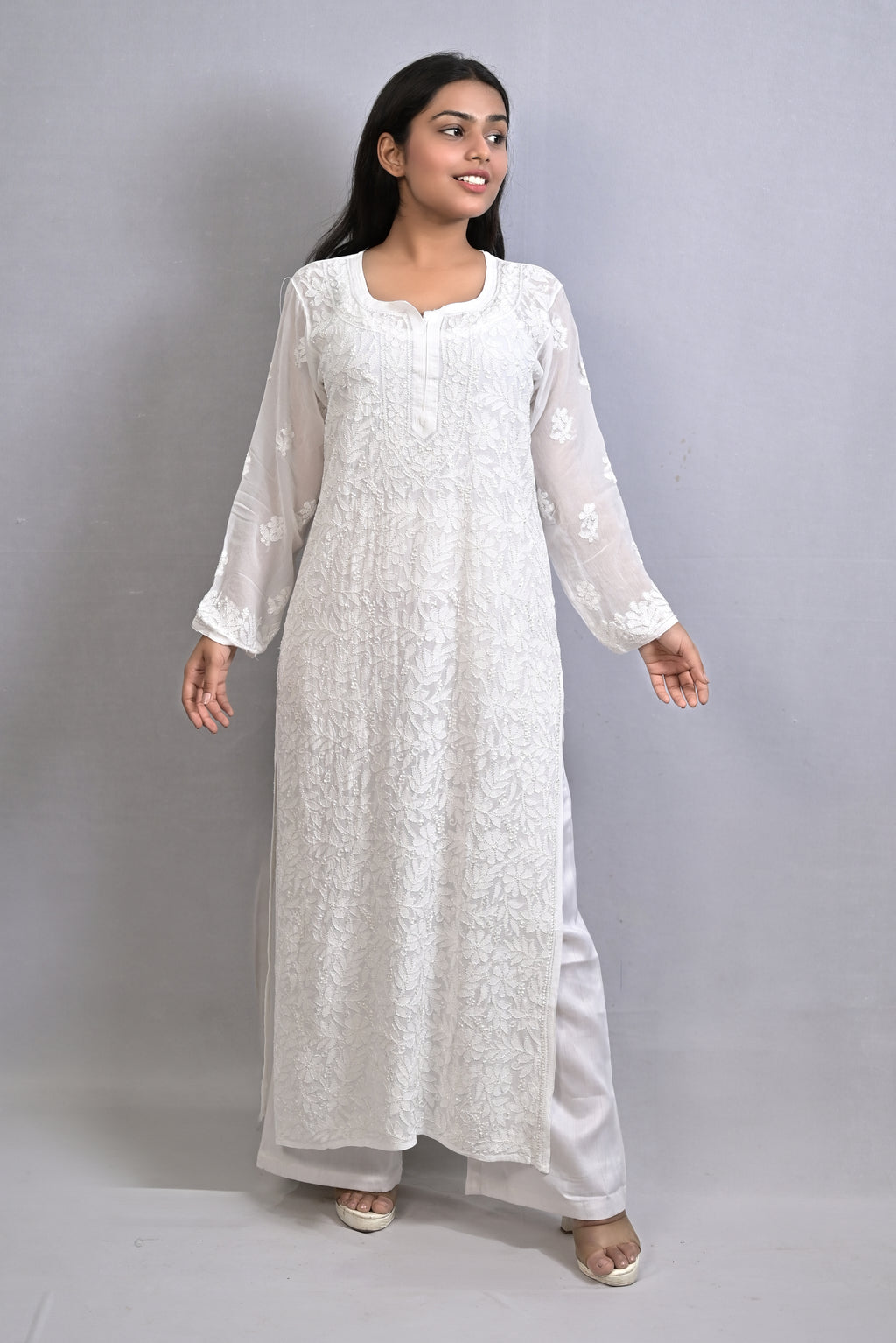White Viscose Kurti with Resham Thread Jaal Work