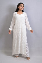 White Viscose Kurti with Resham Thread Jaal Work