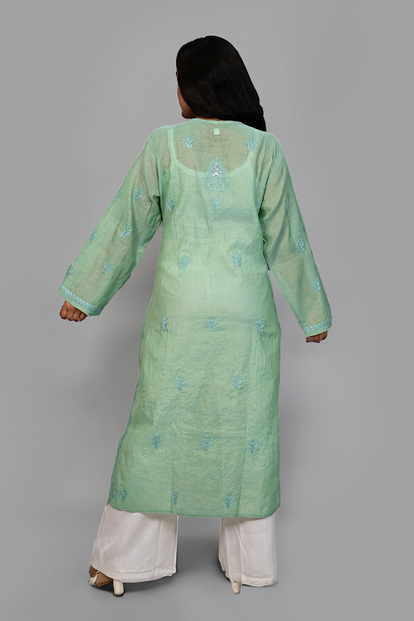 Laurel Green Tissue Kurti with Cutdana and Sequence Work