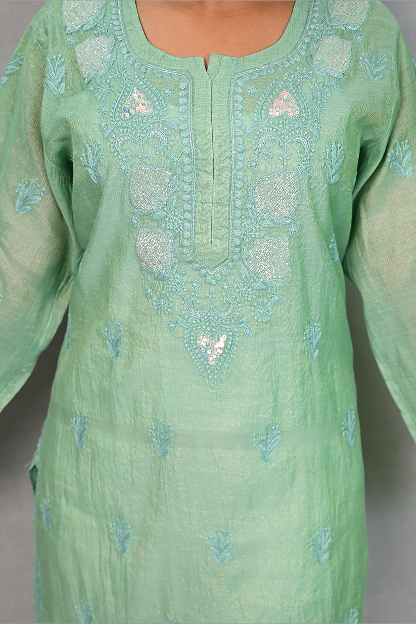 Laurel Green Tissue Kurti with Cutdana and Sequence Work