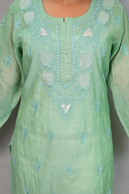 Almond Tissue Kurti with Cutdana and Sequence Work