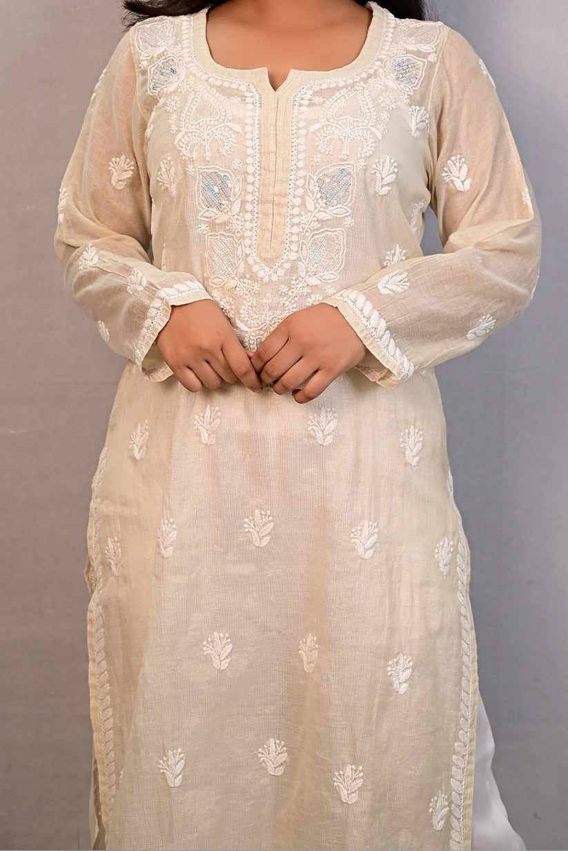 Almond Tissue Kurti with Cutdana and Sequence Work