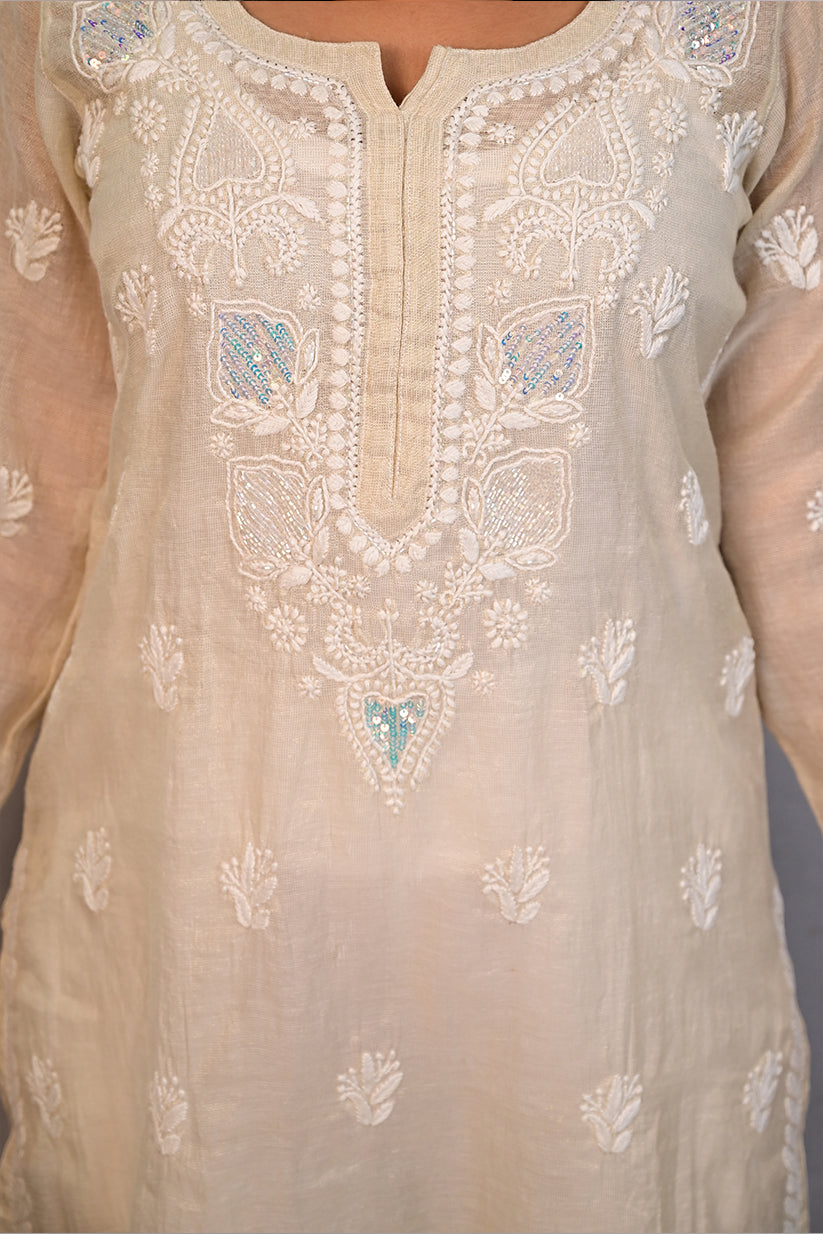 Almond Tissue Kurti with Cutdana and Sequence Work