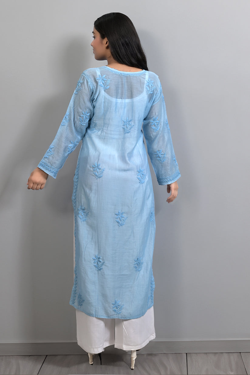 Dark Pastel Blue Chanderi Kurti With Ghaspati Work
