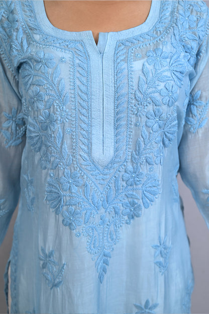 Dark Pastel Blue Chanderi Kurti With Ghaspati Work