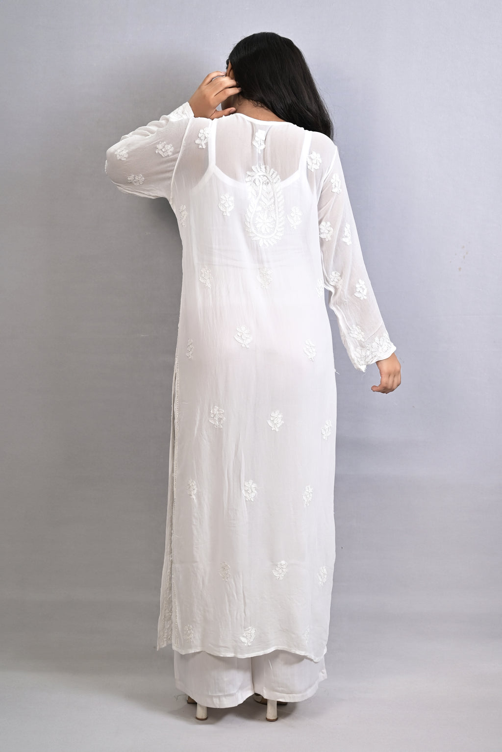 White Viscose Kurti with Resham Thread Jaal Work