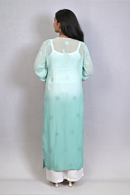 Shaded Opal Green Mukaish Viscose Kurti with Mukaish Resham Thread Jaal Work