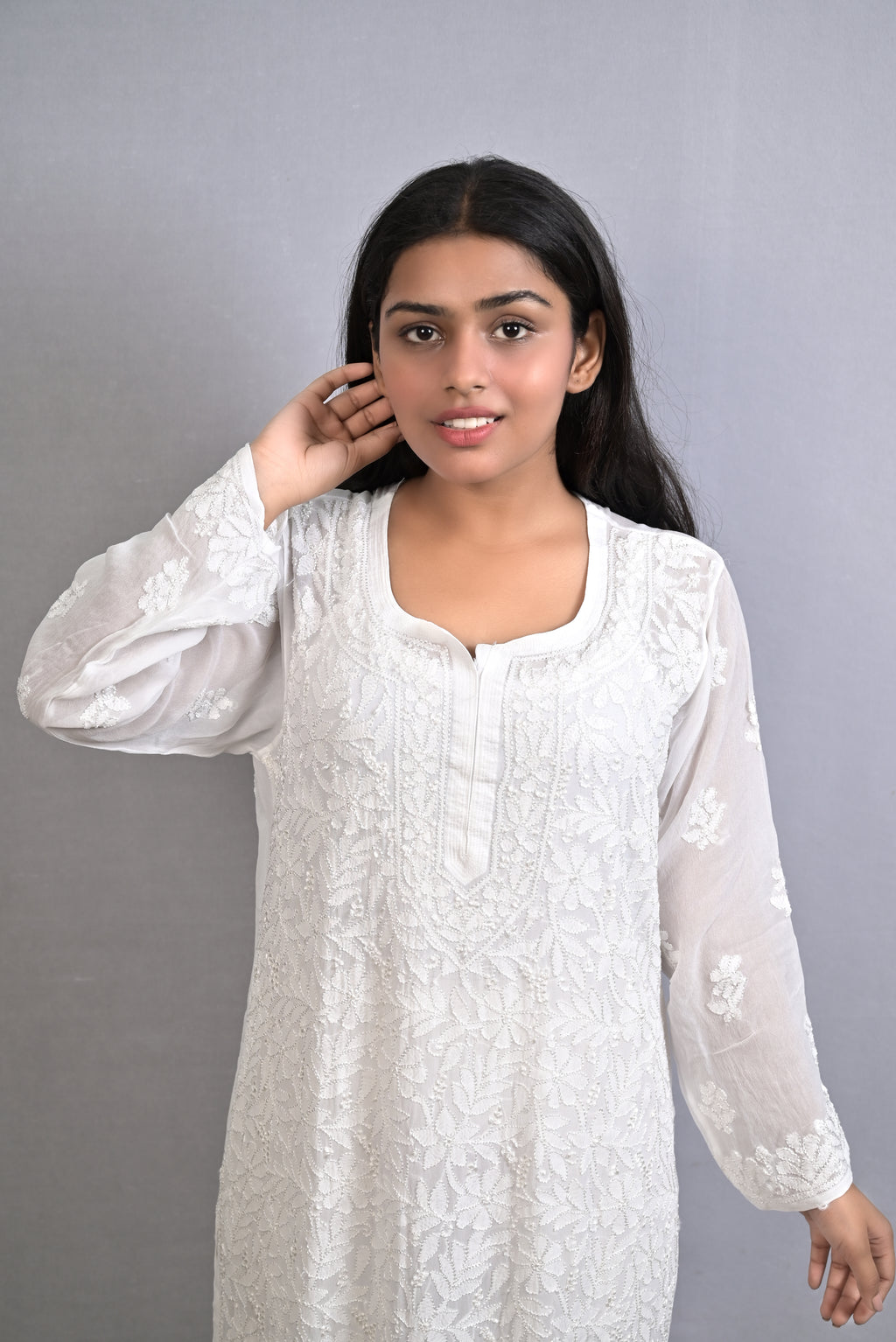 White Viscose Kurti with Resham Thread Jaal Work
