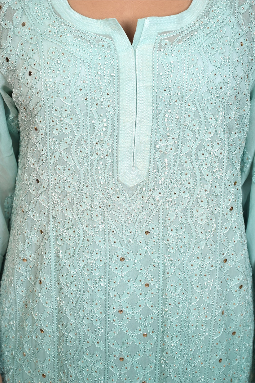 Shaded Classic Rose Pink Mukaish Viscose Kurti with Mukaish Resham Thread Jaal Work