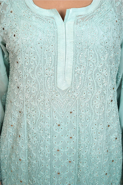Shaded Classic Rose Pink Mukaish Viscose Kurti with Mukaish Resham Thread Jaal Work
