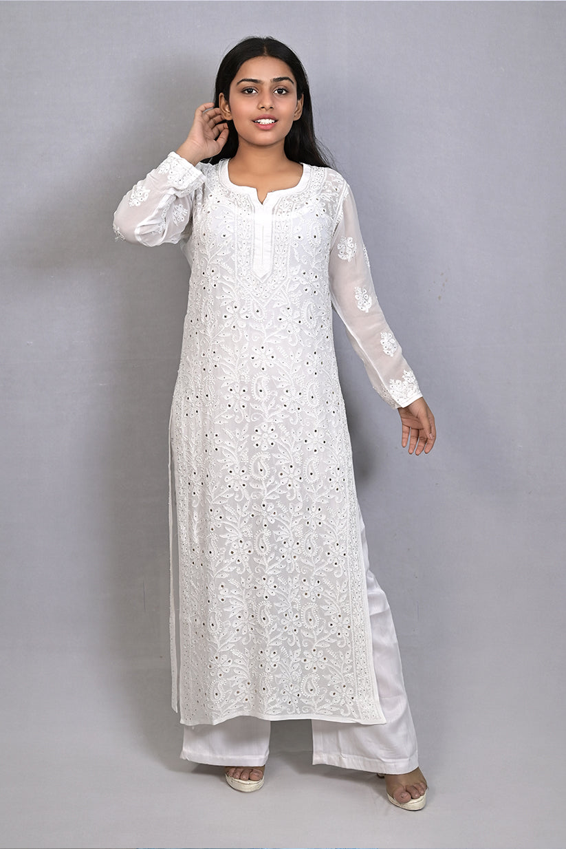White Mukaish Viscose Kurti with Mukaish Resham Thread Jaal Work