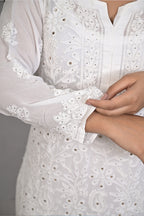 White Mukaish Viscose Kurti with Mukaish Resham Thread Jaal Work