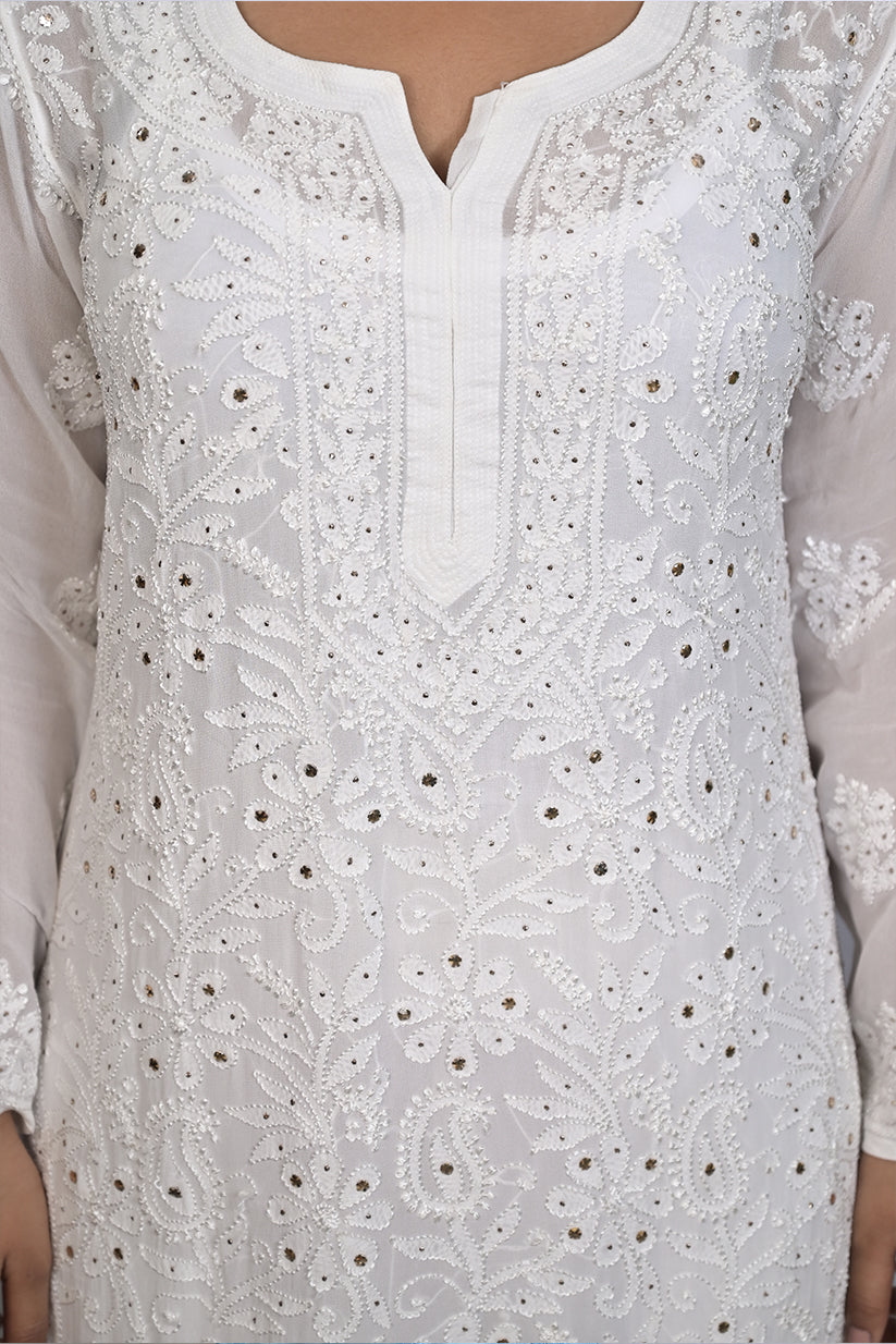 White Mukaish Viscose Kurti with Mukaish Resham Thread Jaal Work
