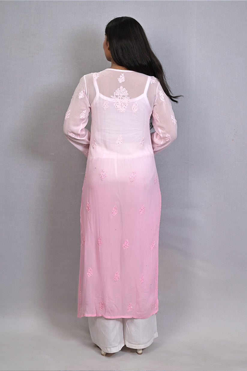 Shaded Classic Rose Pink Mukaish Viscose Kurti with Mukaish Resham Thread Jaal Work