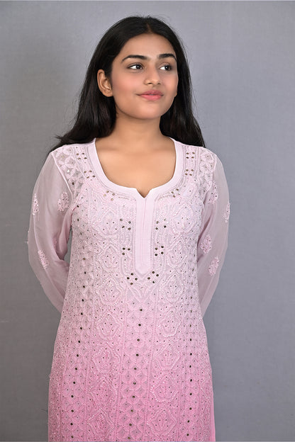 Shaded Classic Rose Pink Mukaish Viscose Kurti with Mukaish Resham Thread Jaal Work
