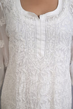 White Viscose Kurti with Resham Thread Jaal Work