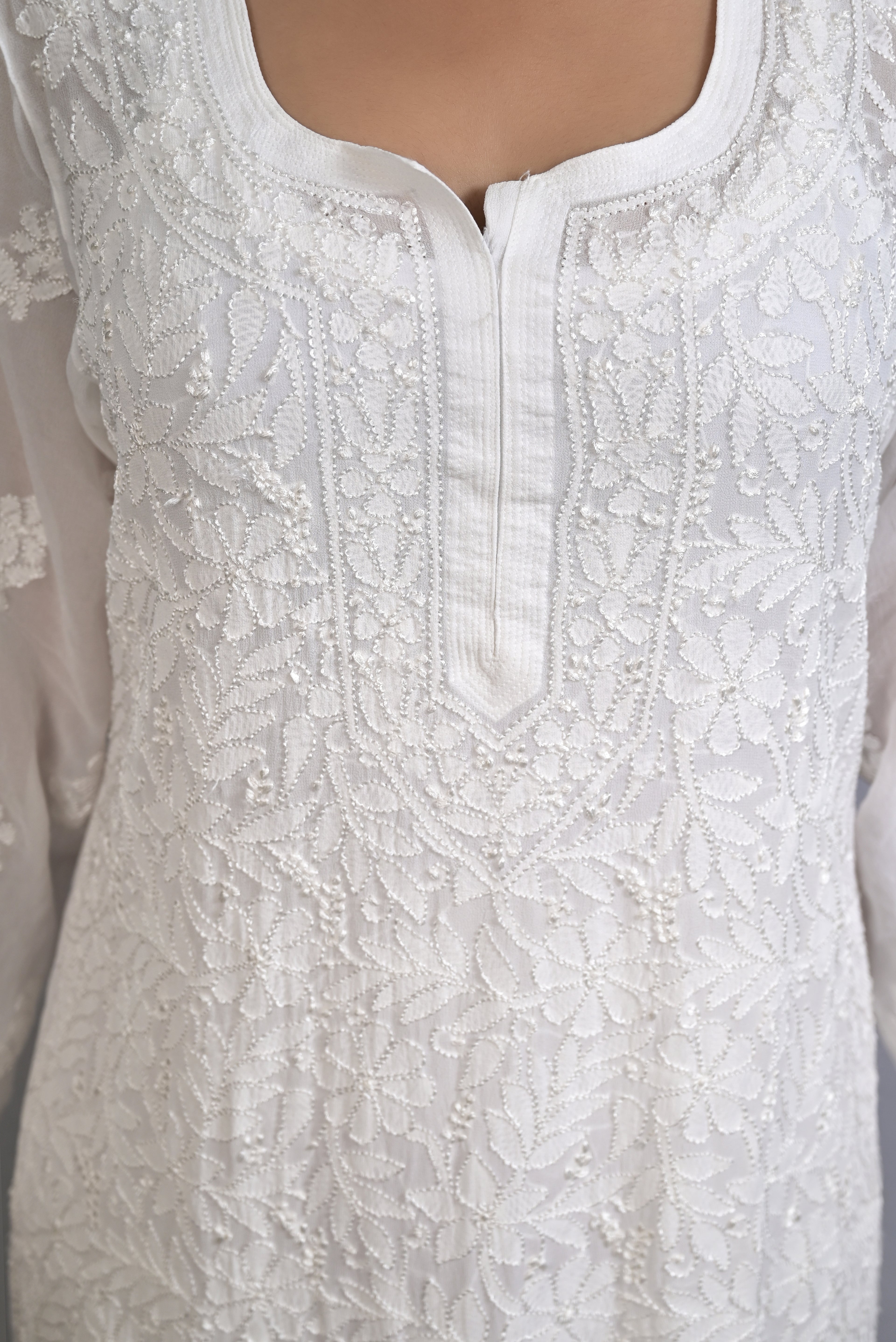 White Viscose Kurti with Resham Thread Jaal Work
