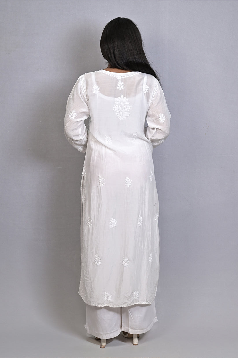 White Viscose Kurti with Resham Thread Jaal Work