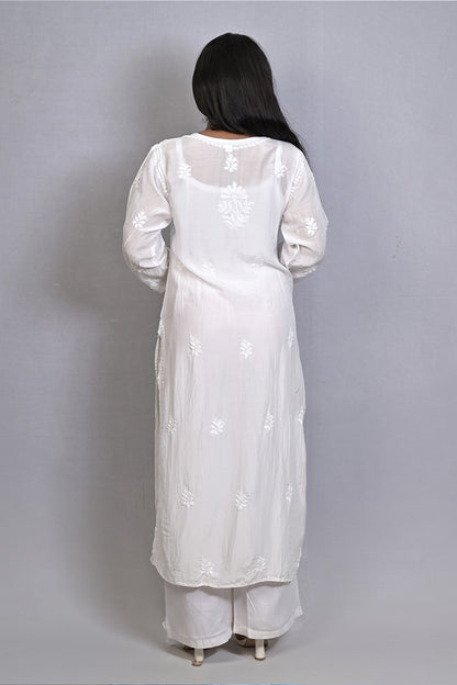 White Viscose Kurti with Resham Thread Jaal Work