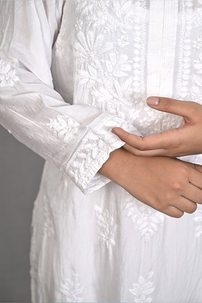 White Viscose Kurti with Resham Thread Jaal Work