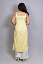 Lemon Meringue Yellow Spaghetti Kurti with Ghas Pati Work