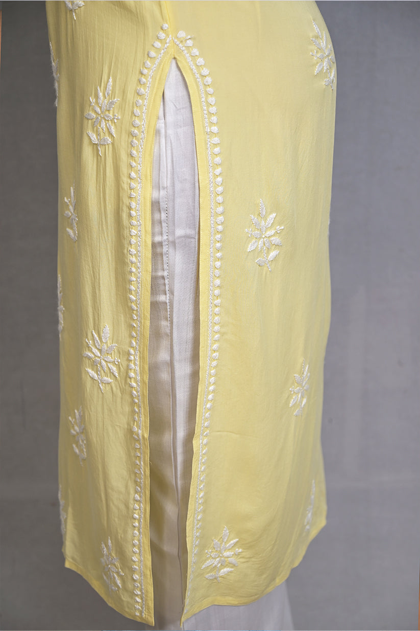 Lemon Meringue Yellow Spaghetti Kurti with Ghas Pati Work